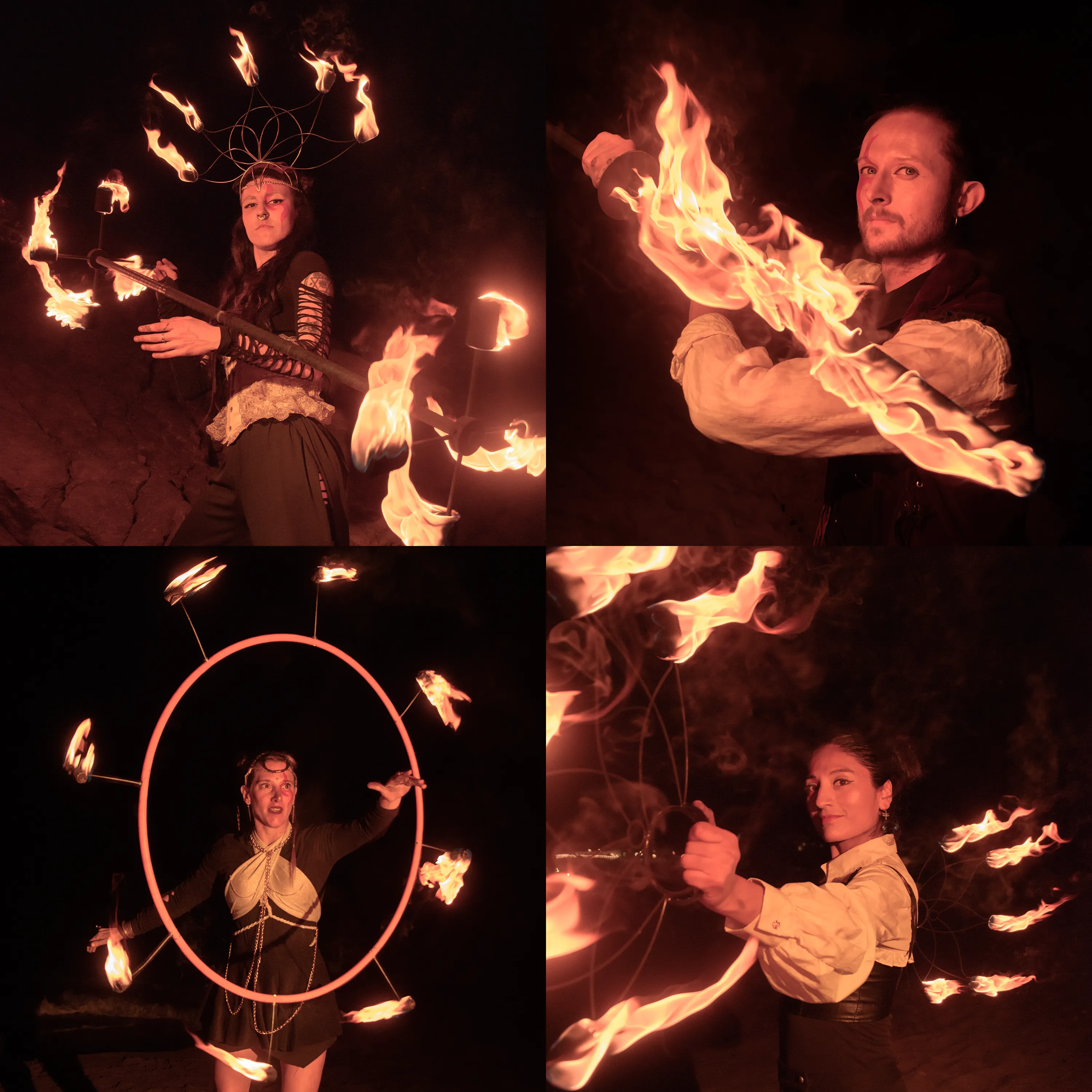 Four fire performers at night in a square collage: flaming staff, sweeping fire, flaming hoop, and fire fans